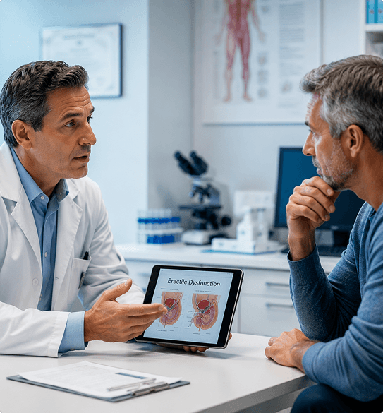 doctor-explaining-erectile-dysfunction-diagnosis-tablet Doctor showing patient an erectile dysfunction diagram on a tablet during diagnosis