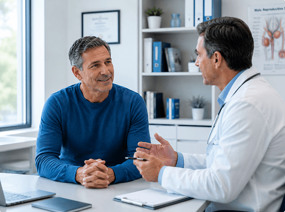 doctor-patient-consultation-discussing-ed-symptoms Middle-aged man discussing symptoms with his doctor during a medical consultation