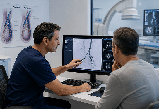 doctor-reviewing-varicocele-angiogram-imaging-with-patient Doctor reviewing varicocele angiogram imaging on screen with patient in imaging suite